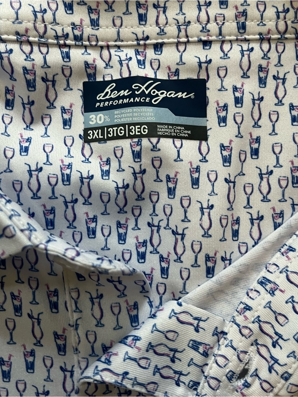 Hogan Performance Men’s Button-Down Golf Polo with Navy and Pink Drink Print